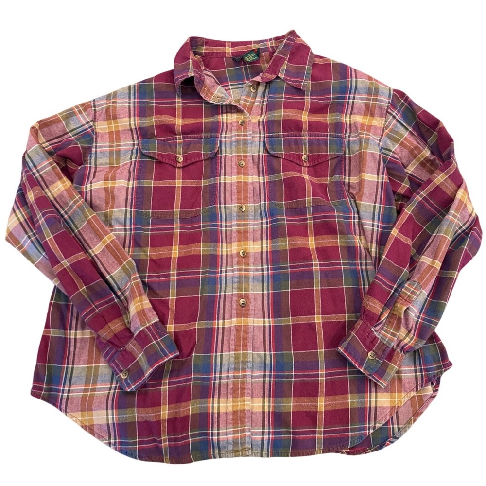 Charter Club Classic Plaid Flannel Shirt Womens 16 Burgundy Cotton Button Down